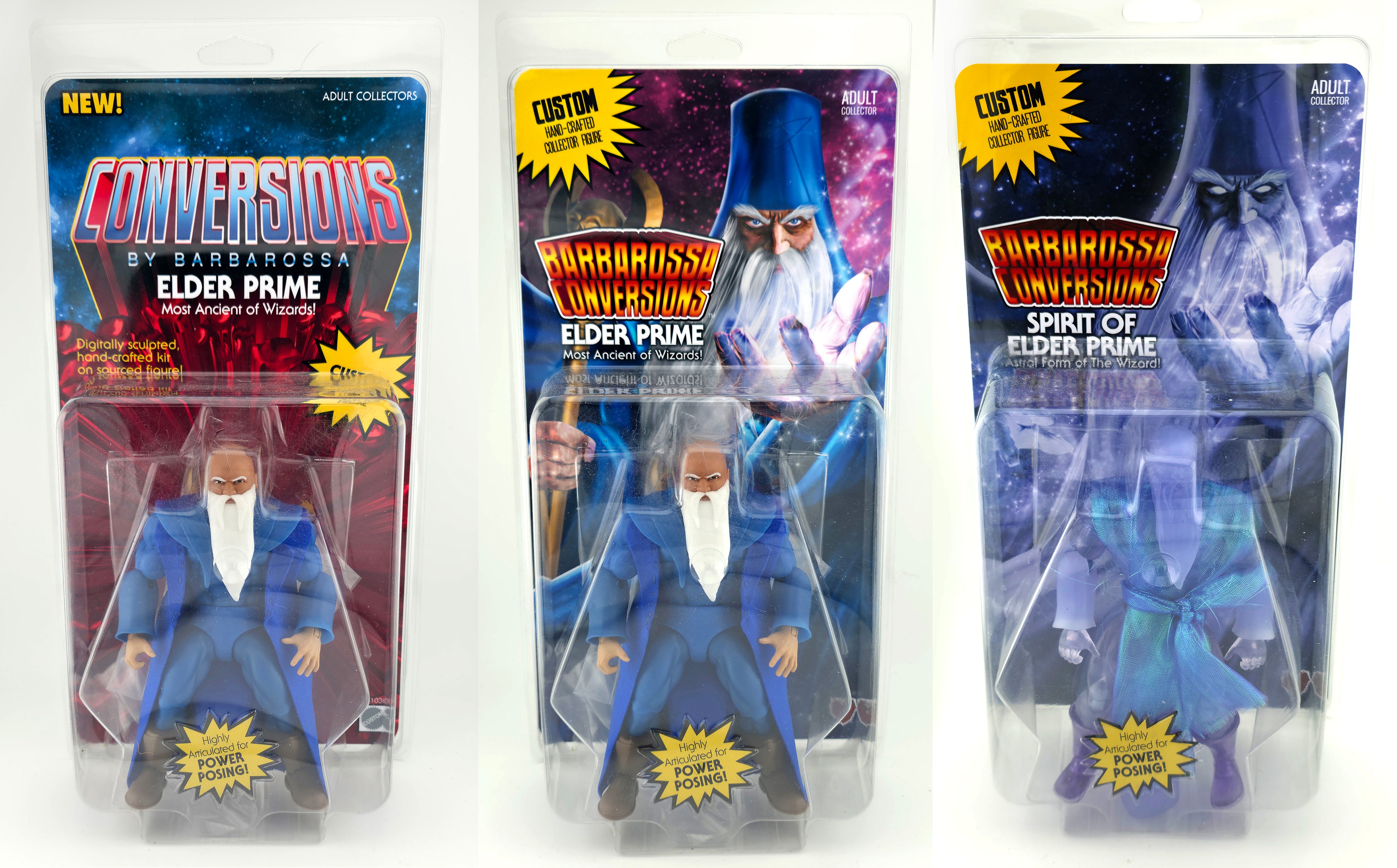 SET OF ALL THREE VARIANTS || Elder Prime Full Custom Figure in Collector Clamshells w/Cardback Inserts || Portrait Art, Retro Homage and Spirit of Elder Prime || PRE-ORDER