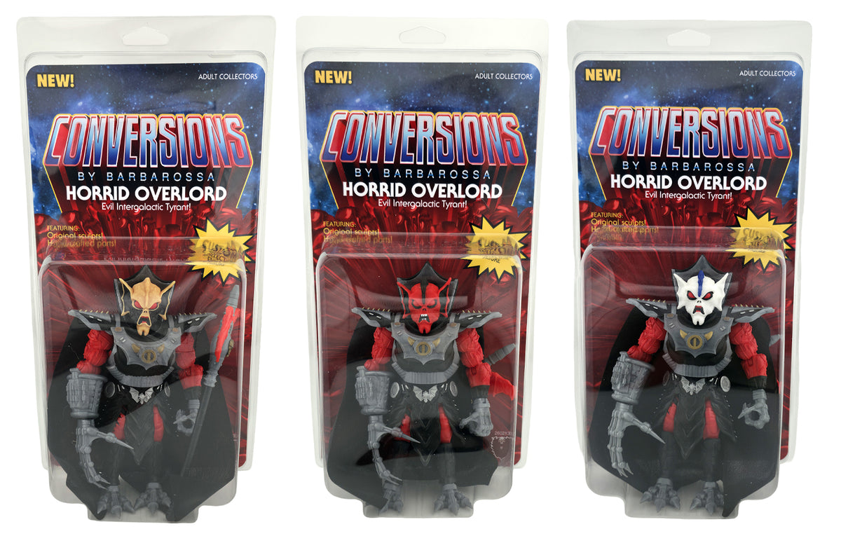 SET OF ALL THREE VARIANTS || Horrid Overlord Full Custom Figures in Collector Clamshell w/Character Homage Cardback Inserts || Crimson Classic, Vintage Toy, Cartoon White || PRE-ORDER
